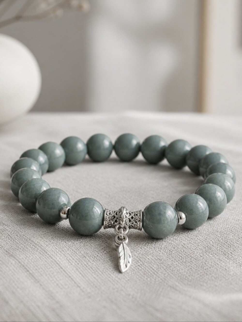 Smoky Grey-Green Jadeite & Silver Feather Charm Stretch Bracelet 10mm